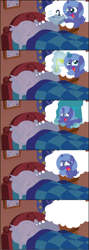 Size: 2537x7122 | Tagged: safe, artist:t-3000, princess luna, star swirl the bearded, alicorn, pony, backfire, bait and switch, comic, cute, desperation, didn't think this through, dream, dream walker luna, eyes closed, filly, frown, levitation, lunabetes, magic, need to pee, omorashi, on side, potty time, prank, prank fail, sink, slice of life, sweat, telekinesis, thought bubble, trolluna, wet, wet mane, woona