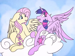 Size: 1024x768 | Tagged: safe, artist:incendiaryboobs, fluttershy, twilight sparkle, twilight sparkle (alicorn), alicorn, pegasus, pony, cloud, female, holding hooves, lesbian, shipping, twishy