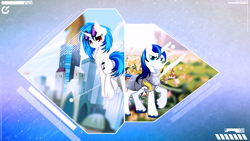 Size: 1920x1080 | Tagged: safe, artist:aeroytechyon-x, artist:antylavx, artist:n0m1, edit, dj pon-3, shining armor, vinyl scratch, pony, unicorn, :3, armor, city, colored hooves, crystaller building, cutie mark, female, hooves, horn, male, manehattan, mare, plot, ponyville, red eyes, stallion, sunglasses, vector, wallpaper, wallpaper edit