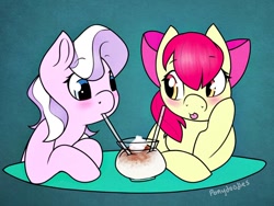 Size: 1024x768 | Tagged: safe, artist:incendiaryboobs, apple bloom, diamond tiara, earth pony, pony, blushing, cute, diamondbloom, female, filly, lesbian, milkshake, missing accessory, sharing a drink, shipping, straw, tongue out