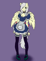 Size: 900x1200 | Tagged: safe, artist:linedraweer, oc, oc only, oc:silver, oc:silverlay (pegasus), anthro, unguligrade anthro, anthro oc, clothes, collar, commission, female, garters, maid, outfit, simple background, socks, solo, thigh highs, wings