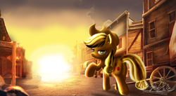 Size: 5120x2804 | Tagged: safe, artist:zelc-face, applejack, earth pony, pony, applejack's hat, cowboy hat, hat, scenery, solo, sun, town