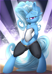 Size: 3000x4250 | Tagged: safe, artist:madacon, derpibooru import, trixie, twilight sparkle, pony, bipedal, chest fluff, clothes, corset, fireworks, human shoulders, looking at you, pants, pubic fluff, smiling, solo, stage