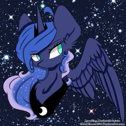 Size: 1024x1024 | Tagged: safe, artist:lyrasing, artist:solarchaser334, princess luna, alicorn, pony, collaboration, ear fluff, portrait, solo, space