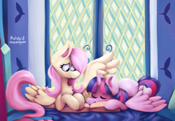 Size: 3934x2732 | Tagged: safe, artist:incendiaryboobs, artist:mafubii, fluttershy, twilight sparkle, twilight sparkle (alicorn), alicorn, pegasus, pony, collaboration, book, female, indoors, lesbian, mare, one wing out, prone, shipping, sleeping, smiling, twishy