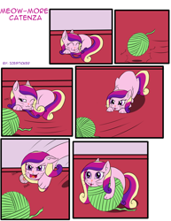 Size: 1224x1584 | Tagged: safe, artist:icesticker, princess cadance, cat, :3, catdance, catified, comic, cute, fangs, open mouth, prone, sleeping, smiling, solo, species swap, wink, yarn, yarn ball