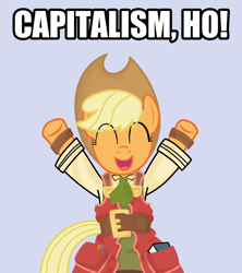 Size: 800x900 | Tagged: safe, artist:smile, applejack, earth pony, pony, bipedal, capitalism, clothes, crossover, recette, recettear, simple background, solo