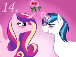 Size: 800x600 | Tagged: safe, artist:mod-named-carot, princess cadance, shining armor, alicorn, pony, unicorn, blushing, gradient background, looking at each other, mistletoe