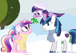 Size: 1000x735 | Tagged: safe, artist:dm29, princess cadance, shining armor, twilight sparkle, alicorn, pony, unicorn, advent calendar, cute, cutedance, filly, filly twilight sparkle, holiday horse days, julian yeo is trying to murder us, mistletoe, shining adorable, shipper on deck, snow, teenager, trio, twiabetes, twilight the shipper, twily, younger