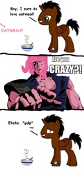 Size: 605x1242 | Tagged: safe, pinkie pie, oc, oc:bob, earth pony, pony, disease not alicorn, hokuto no ken, oatmeal