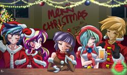 Size: 2000x1180 | Tagged: safe, artist:mauroz, big macintosh, maud pie, princess cadance, princess celestia, shining armor, human, alcohol, antlers, celestimac, christmas, eyes closed, female, food, freckles, hair over one eye, humanized, male, merry christmas, reindeer antlers, shiningcadance, shipping, straight, sweat