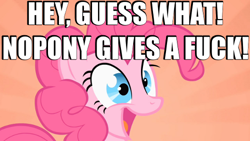 Size: 500x281 | Tagged: safe, pinkie pie, earth pony, pony, caption, image macro, look at all the fucks i give, no fucks, reaction image, vulgar