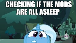 Size: 1080x608 | Tagged: safe, derpibooru import, edit, edited screencap, screencap, trixie, pony, unicorn, magic duel, female, hub logo, humor, image macro, mare, meme, meta, my little pony, solo