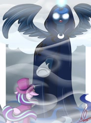 Size: 925x1250 | Tagged: safe, artist:vmcreations02, princess luna, snowfall frost, starlight glimmer, alicorn, pony, a hearth's warming tail, cloak, clothes, glowing eyes, magic, scene interpretation, spirit of hearth's warming yet to come, spread wings