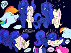 Size: 2048x1536 | Tagged: safe, artist:incendiaryboobs, fluttershy, pinkie pie, princess luna, rainbow dash, twilight sparkle, twilight sparkle (alicorn), alicorn, earth pony, pegasus, pony, denied, female, lesbian, lunashy, shipping, sketch, sketch dump, sleeping