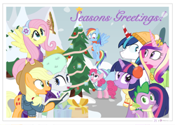 Size: 1400x1000 | Tagged: safe, artist:dm29, applejack, fluttershy, pinkie pie, princess cadance, rainbow dash, rarity, shining armor, spike, twilight sparkle, alicorn, dragon, earth pony, pegasus, pony, unicorn, advent calendar, christmas, christmas tree, holiday horse days, mane seven, mane six, snow, tree