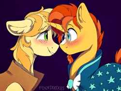 Size: 2048x1536 | Tagged: safe, artist:incendiaryboobs, braeburn, sunburst, earth pony, pony, unicorn, blushing, braeburst, crack shipping, eye contact, gay, looking at each other, male, shipping, smiling, stallion