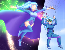 Size: 2500x1932 | Tagged: safe, artist:jonfawkes, derpibooru import, trixie, human, air ponyville, cape, clothes, commission, duality, falling, fireworks, goggles, humanized, imagination, jumpsuit, leotard, magician outfit, parachute, skydiving