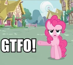 Size: 607x541 | Tagged: safe, pinkie pie, earth pony, pony, caption, female, gtfo, image macro, mare, pink coat, pink mane