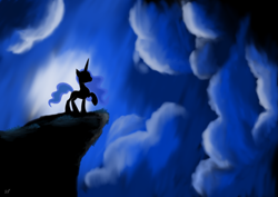 Size: 4093x2894 | Tagged: safe, artist:simonk0, princess luna, alicorn, pony, cliff, cloud, moon, night, raised hoof, solo