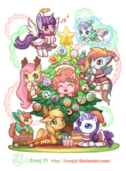 Size: 1000x1350 | Tagged: safe, artist:kongyi, angel bunny, apple bloom, applejack, bon bon, cheerilee, derpy hooves, dj pon-3, doctor whooves, fluttershy, lyra heartstrings, octavia melody, pinkie pie, princess cadance, princess celestia, princess luna, rainbow dash, rarity, scootaloo, shining armor, starlight glimmer, sunset shimmer, sweetie belle, sweetie drops, twilight sparkle, twilight sparkle (alicorn), vinyl scratch, oc, oc:fausticorn, alicorn, angel, earth pony, pegasus, pony, unicorn, christmas tree, clothes, cute, cutie mark, cutie mark crusaders, elf costume, fake halo, female, hat, magic, mane six, mare, prone, reindeer antlers, rudolph nose, santa costume, santa hat, telekinesis, tree