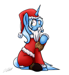 Size: 2998x3260 | Tagged: safe, artist:tsand106, derpibooru import, trixie, pony, unicorn, beard, christmas, clothes, cookie, facial hair, female, food, hat, holiday, mare, santa claus, santa costume, santa hat, solo