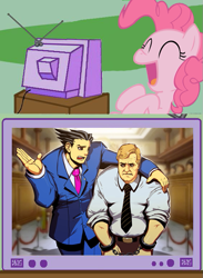 Size: 563x770 | Tagged: safe, artist:genzoman, pinkie pie, human, pony, ace attorney, exploitable meme, kevin butler, meme, phoenix wright, tv meme