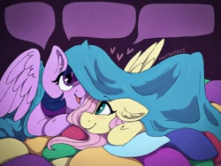 Size: 2048x1536 | Tagged: safe, artist:incendiaryboobs, fluttershy, twilight sparkle, twilight sparkle (alicorn), alicorn, pegasus, pony, blanket, cute, duo, female, heart, lesbian, shipping, shyabetes, signature, speech bubble, twiabetes, twishy, under blanket