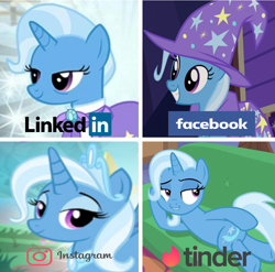 Size: 1000x986 | Tagged: safe, derpibooru import, edit, edited screencap, screencap, trixie, pony, unicorn, bags under eyes, bust, collage, draw me like one of your french girls, facebook, female, grin, hat, instagram, linkedin, mare, smiling, tinder