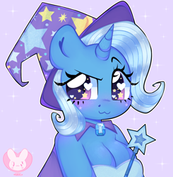 Size: 1960x2000 | Tagged: safe, artist:bunxl, derpibooru import, trixie, anthro, :3, adorasexy, bare shoulders, breasts, bust, cleavage, cute, diatrixes, female, heart eyes, magic wand, purple background, sexy, simple background, solo, starry eyes, titsie, wingding eyes