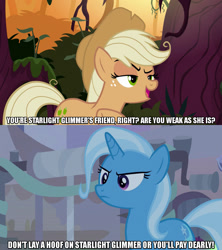 Size: 1280x1440 | Tagged: safe, derpibooru import, edit, edited screencap, screencap, mean applejack, trixie, earth pony, pony, unicorn, road to friendship, the mean 6, caption, clone, female, image macro, meme, text, trixie yells at everything