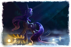 Size: 1772x1181 | Tagged: safe, artist:plainoasis, princess luna, alicorn, pony, crepuscular rays, moonbutt, plot, reflection, solo, spread wings, stars, water