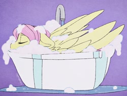 Size: 2048x1536 | Tagged: safe, artist:incendiaryboobs, fluttershy, pegasus, pony, bath, bathing, bathtub, bubble, cute, eyes closed, female, mare, purple background, relaxation, shyabetes, simple background, solo, suds, water