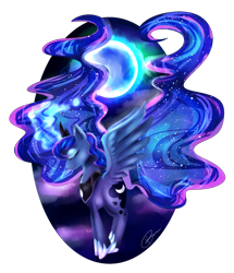 Size: 1024x1188 | Tagged: safe, artist:konnyart, princess luna, alicorn, pony, eyes closed, flying, magic, moon, solo