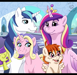 Size: 2837x2785 | Tagged: safe, artist:maerafey, princess cadance, shining armor, oc, oc:daybreak, oc:shooting star, alicorn, pony, unicorn, colt, female, filly, male, offspring, parent:princess cadance, parent:shining armor, parents:shiningcadance, shiningcadance, shipping, straight