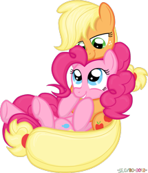 Size: 1051x1223 | Tagged: safe, artist:stupidlittlecreature, applejack, pinkie pie, earth pony, pony, applepie, female, lesbian, shipping, simple background, snuggling