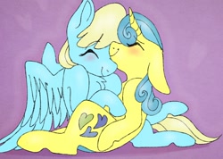 Size: 1844x1312 | Tagged: safe, artist:incendiaryboobs, lemon hearts, sassaflash, pegasus, pony, unicorn, blushing, cuddling, duo, eyes closed, female, horn, shipping, simple background, sitting, smiling, wings