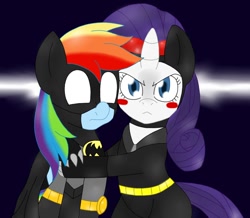 Size: 958x834 | Tagged: safe, artist:blackbewhite2k7, rainbow dash, rarity, pegasus, pony, unicorn, batman, catwoman, female, hug, lesbian, raridash, shipping