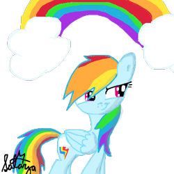 Size: 500x500 | Tagged: safe, artist:laser-pancakes, rainbow dash, pegasus, pony, cloud, female, mare, rainbow, smiling, solo