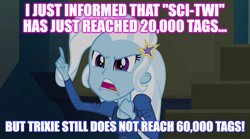 Size: 1280x714 | Tagged: safe, derpibooru import, edit, edited screencap, screencap, trixie, equestria girls, rainbow rocks, caption, clothes, female, image macro, implied sci-twi, meme, solo, text, trixie yells at everything