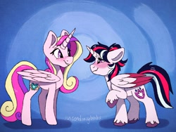 Size: 2048x1536 | Tagged: safe, artist:incendiaryboobs, princess cadance, shining armor, twilight sparkle, twilight sparkle (alicorn), alicorn, pony, unicorn, ambiguous gender, blushing, eye contact, female, fusion, looking at each other, mare, unshorn fetlocks