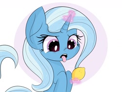 Size: 1600x1200 | Tagged: safe, artist:janelearts, derpibooru import, trixie, pony, unicorn, abstract background, disgusted, eww, female, food, lemon, magic, solo, telekinesis, tongue out