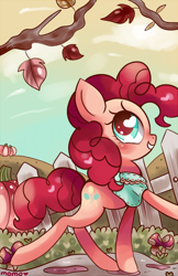 Size: 520x803 | Tagged: safe, artist:ipun, pinkie pie, earth pony, pony, autumn, clothes, cute, diapinkes, fence, heart eyes, leaf, mushroom, profile, solo, wingding eyes