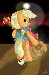 Size: 1599x2458 | Tagged: safe, artist:dixketl, applejack, earth pony, pony, bipedal, guitar, looking back, solo