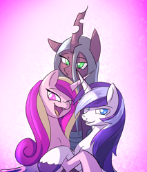 Size: 1700x2000 | Tagged: safe, artist:kanashiipanda, princess cadance, queen chrysalis, shining armor, alicorn, changeling, changeling queen, pony, unicorn, blushing, chrysarmordance, female, hug, husband and wife, looking at you, male, open mouth, ot3, polyamory, shining armor gets all the mares, shiningcadance, shipping, straight