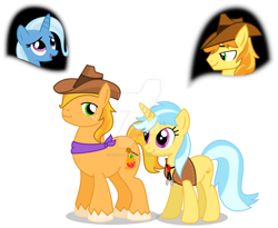 Size: 1024x839 | Tagged: safe, artist:mlp-trailgrazer, derpibooru import, braeburn, trixie, oc, pony, unicorn, female, male, mare, offspring, parent:braeburn, parent:trixie, parents:trixburn, shipping, straight, trixburn, watermark