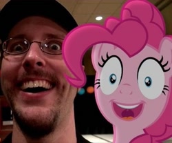 Size: 575x477 | Tagged: safe, pinkie pie, human, pony, faic, glasses, hat, irl, nostalgia critic, photo, ponies in real life, ponyo (nostalgia critic episode), smiling, vector