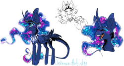 Size: 917x493 | Tagged: safe, artist:unknown-artist99, princess luna, alicorn, pony, alternate costumes, fangs, galaxy mane, impossibly large ears, jewelry, laughing, leonine tail, oekaki, regalia, smiling, solo