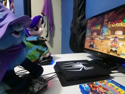 Size: 2048x1537 | Tagged: safe, artist:cloud burst, artist:max rider, derpibooru import, starlight glimmer, trixie, crash bandicoot, crash team racing nitro-fueled, female, irl, photo, playing, playstation 4, plushie, spider-man, the great and powerful, trixie lulamoon and starlight glimmer