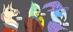 Size: 1250x560 | Tagged: safe, artist:backlash91, derpibooru import, greta, kibitz, trixie, griffon, pony, unicorn, bedroom eyes, blush sticker, blushing, clothes, female, grin, looking at you, looking back, mare, smiling, smirk, sparkles